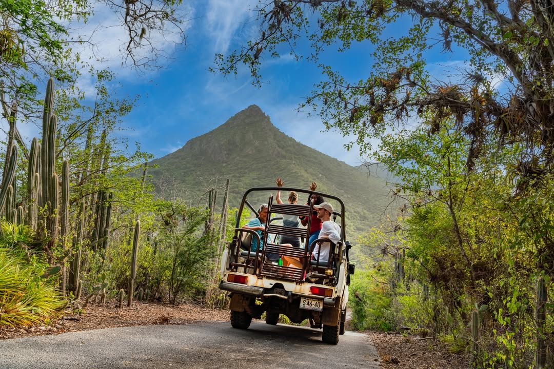 Toeristen maken een avontuurlijke off-road jeeptour in het Christoffelpark op Curaçao met uitzicht op de Christoffelberg